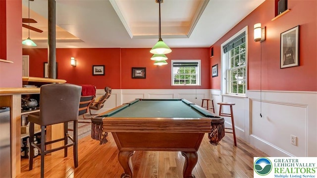 310 Spyglass Hill Rd, Bath Boro, PA 18014 - game room with a raised ceiling, billiards table, a decorative wall, wood finished floors, and a wainscoted wall