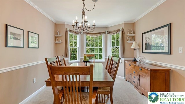 310 Spyglass Hill Rd, Bath Boro, PA 18014 - dining space with a chandelier, light colored carpet, and crown molding