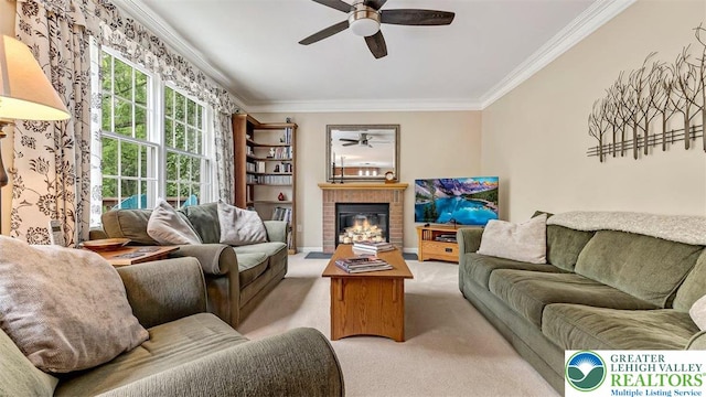 310 Spyglass Hill Rd, Bath Boro, PA 18014 - carpeted living room featuring ceiling fan, crown molding, and a fireplace