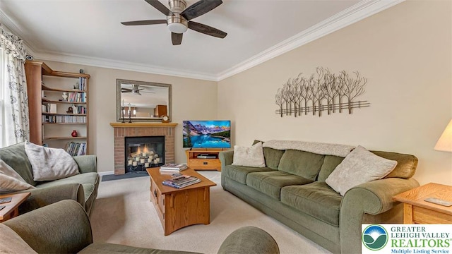 310 Spyglass Hill Rd, Bath Boro, PA 18014 - living area with a ceiling fan, ornamental molding, light carpet, and a fireplace