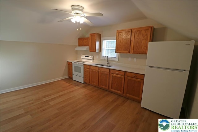 318 S Watson St, Palmer Twp, PA 18045 - kitchen featuring white appliances, exhaust hood, vaulted ceiling, light wood-style floors, and light countertops