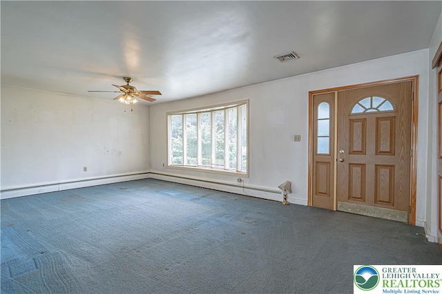 3442 Hickory Cir S, Whitehall Twp, PA 18103 - foyer featuring dark carpet, ceiling fan, and baseboard heating