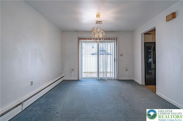3442 Hickory Cir S, Whitehall Twp, PA 18103 - empty room featuring a baseboard heating unit, a chandelier, and carpet floors