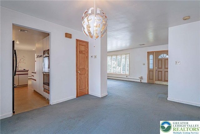 3442 Hickory Cir S, Whitehall Twp, PA 18103 - carpeted empty room featuring a chandelier, a baseboard radiator, and a smoke detector