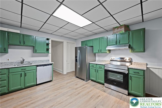919 Lehigh St, Easton, PA 18042 - kitchen with appliances with stainless steel finishes, under cabinet range hood, green cabinets, light wood-style floors, and open shelves
