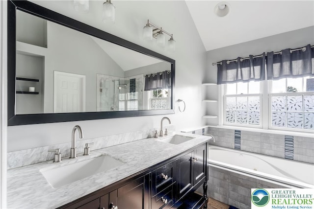 620 Pittston Ave, Luzerne, PA 18641 - bathroom featuring vaulted ceiling, a stall shower, a bath, and double vanity