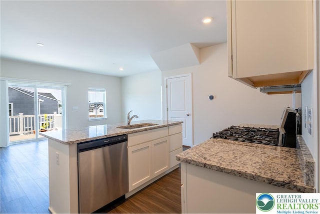 4901 Brookside Ct, Upper Saucon Twp, PA 18036 - kitchen featuring dishwasher, dark wood-type flooring, white cabinetry, range, and light stone counters