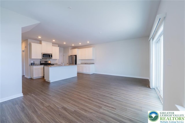 4901 Brookside Ct, Upper Saucon Twp, PA 18036 - kitchen featuring stainless steel appliances, open floor plan, an island with sink, recessed lighting, and white cabinetry