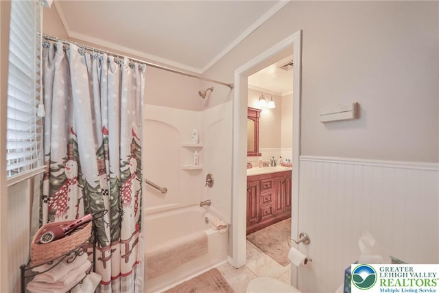 1812 Treeline Dr, Forks Twp, PA 18040 - bathroom with shower / bath combination with curtain, vanity, a wainscoted wall, and crown molding