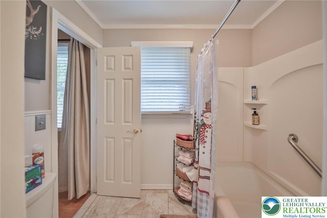 1812 Treeline Dr, Forks Twp, PA 18040 - bathroom with healthy amount of natural light, shower / bath combo with shower curtain, and crown molding