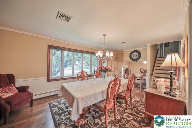 1812 Treeline Dr, Forks Twp, PA 18040 - dining area with a baseboard heating unit, crown molding, dark wood-style floors, stairway, and a chandelier