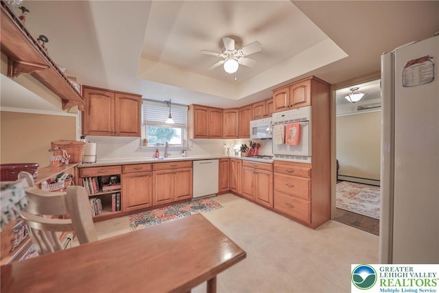 1812 Treeline Dr, Forks Twp, PA 18040 - kitchen with white appliances, ceiling fan, a tray ceiling, light countertops, and a baseboard radiator