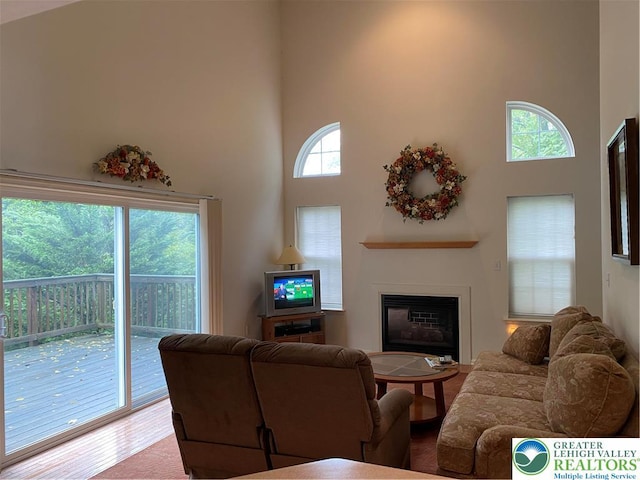 120 Palomino Cir, Washington Twp, PA 18013 - living room with a towering ceiling, a glass covered fireplace, and wood finished floors