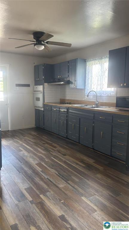 838 E Patterson St, Lansford Boro, PA 18232 - kitchen with oven, under cabinet range hood, dark wood-style flooring, and ceiling fan