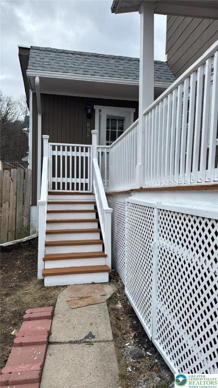 838 E Patterson St, Lansford Boro, PA 18232 - entrance to property featuring roof with shingles and covered porch