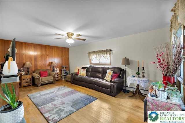 1919 W Cedar St Unit 1919, Allentown City, PA 18104 - living area featuring wood walls, a ceiling fan, and wood finished floors