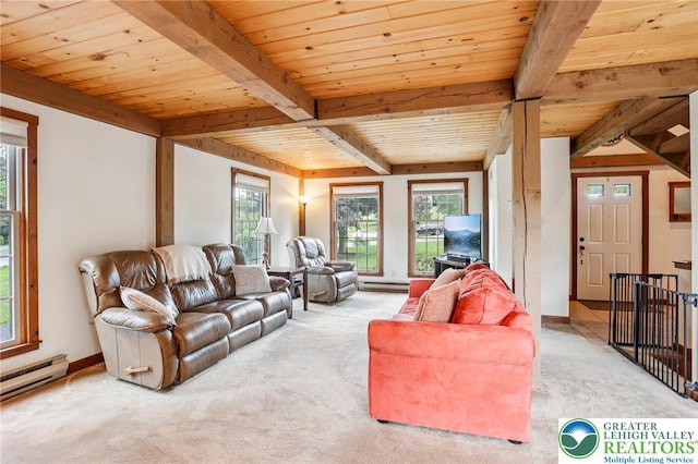 6365 Constitution Rd, Lowhill Twp, PA 18078 - living area featuring carpet flooring, plenty of natural light, a wooden ceiling with exposed beams, and baseboard heating