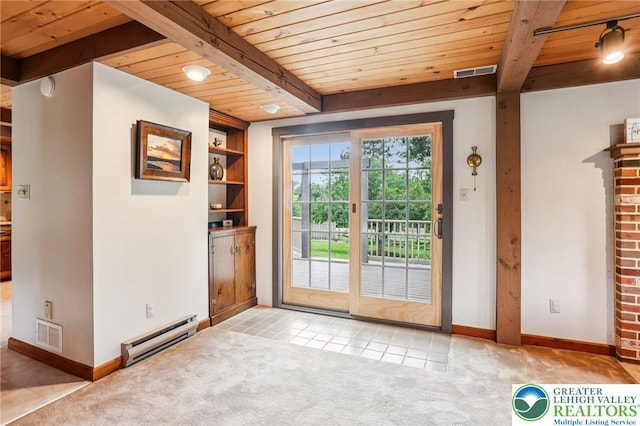 6365 Constitution Rd, Lowhill Twp, PA 18078 - entryway with a baseboard heating unit, a wooden ceiling with exposed beams, light colored carpet, and light tile patterned flooring
