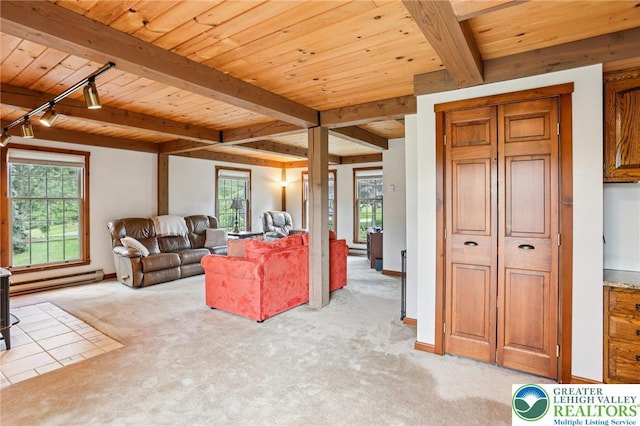 6365 Constitution Rd, Lowhill Twp, PA 18078 - living area with light colored carpet, a wooden ceiling with exposed beams, and baseboard heating