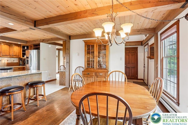 6365 Constitution Rd, Lowhill Twp, PA 18078 - dining space featuring wood finished floors, a chandelier, a wood ceiling with exposed beams, and a baseboard heating unit