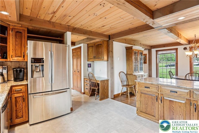 6365 Constitution Rd, Lowhill Twp, PA 18078 - kitchen featuring stainless steel refrigerator with ice dispenser, brown cabinets, a wooden ceiling with exposed beams, light stone counters, and light flooring