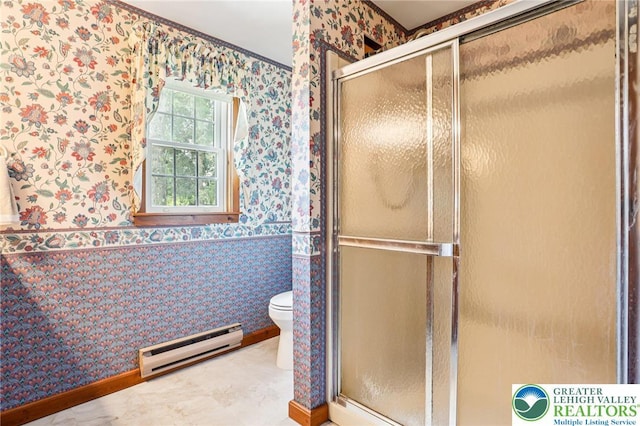 6365 Constitution Rd, Lowhill Twp, PA 18078 - bathroom featuring baseboard heating, wallpapered walls, wainscoting, a stall shower, and ornamental molding