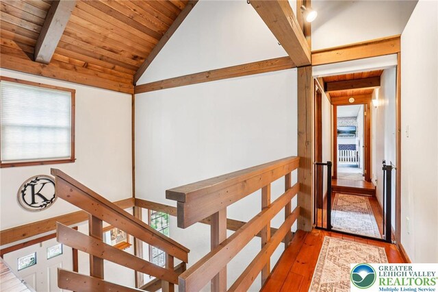 6365 Constitution Rd, Lowhill Twp, PA 18078 - hallway featuring an upstairs landing, hardwood / wood-style flooring, and wooden ceiling