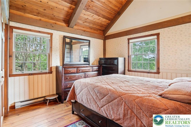 6365 Constitution Rd, Lowhill Twp, PA 18078 - bedroom featuring wallpapered walls, hardwood / wood-style flooring, wainscoting, a baseboard radiator, and wood ceiling