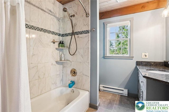 6365 Constitution Rd, Lowhill Twp, PA 18078 - bathroom featuring a baseboard radiator, shower / tub combo with curtain, vanity, and tile patterned floors