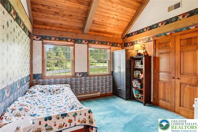 6365 Constitution Rd, Lowhill Twp, PA 18078 - bedroom with wallpapered walls, carpet, wooden ceiling, and a baseboard heating unit