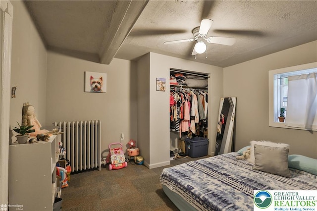 209 Cattell St, Easton, PA 18042 - carpeted bedroom with radiator heating unit, a closet, ceiling fan, and a textured ceiling