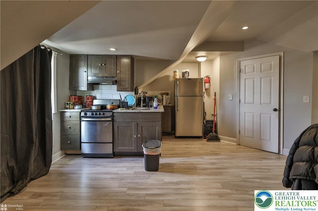 209 Cattell St, Easton, PA 18042 - kitchen with stainless steel appliances, under cabinet range hood, light wood-style flooring, recessed lighting, and tasteful backsplash