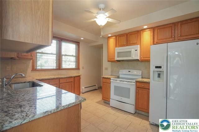 717 Claremont Ave, Schuylkill, PA 18252 - kitchen featuring white appliances, a baseboard radiator, tasteful backsplash, a ceiling fan, and light tile patterned floors