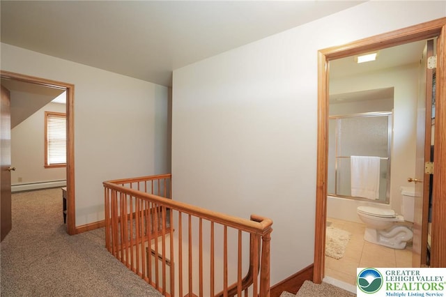 717 Claremont Ave, Schuylkill, PA 18252 - hall with an upstairs landing, a baseboard radiator, and carpet floors