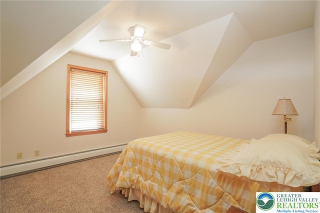 717 Claremont Ave, Schuylkill, PA 18252 - bedroom featuring a baseboard radiator, carpet floors, lofted ceiling, and a ceiling fan
