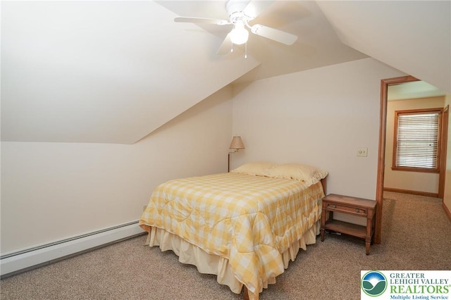 717 Claremont Ave, Schuylkill, PA 18252 - bedroom featuring a baseboard radiator, lofted ceiling, carpet, and a ceiling fan