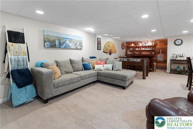 8067 Heritage Dr, Lower Macungie Twp, PA 18011 - living room with light colored carpet, a dry bar, recessed lighting, and a drop ceiling