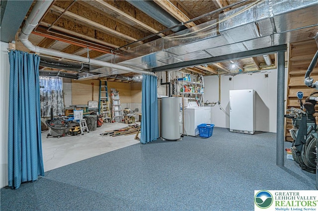 21 Winfield Ct, Easton, PA 18045 - unfinished basement featuring water heater, washing machine and clothes dryer, and freestanding refrigerator