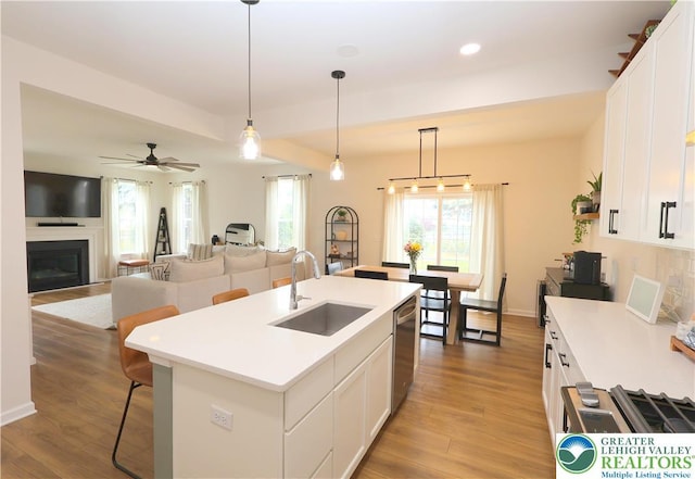 330 Bendelow Ln, Northampton Boro, PA 18067 - kitchen with wood finished floors, dishwasher, light countertops, a glass covered fireplace, and recessed lighting