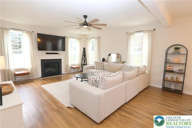330 Bendelow Ln, Northampton Boro, PA 18067 - living area with a ceiling fan, light wood-type flooring, a glass covered fireplace, and beam ceiling