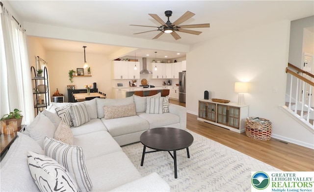 330 Bendelow Ln, Northampton Boro, PA 18067 - living area with light wood-type flooring, a ceiling fan, stairs, and recessed lighting