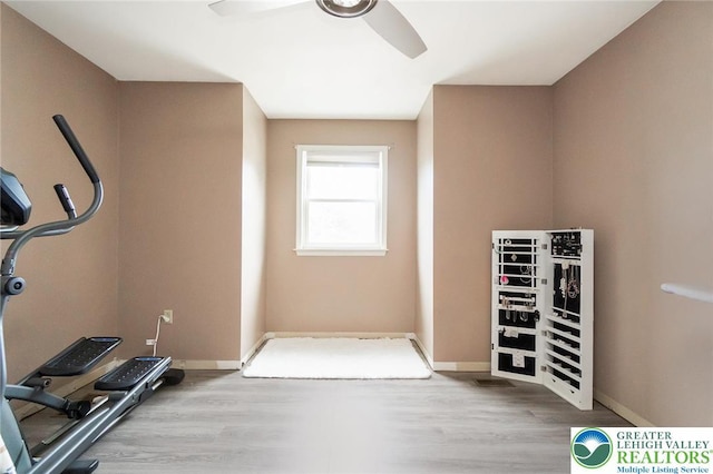 104 Stephanie Dr, Palmer Twp, PA 18045 - exercise area featuring ceiling fan and wood finished floors