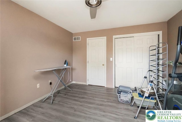 104 Stephanie Dr, Palmer Twp, PA 18045 - exercise room featuring wood finished floors and a ceiling fan