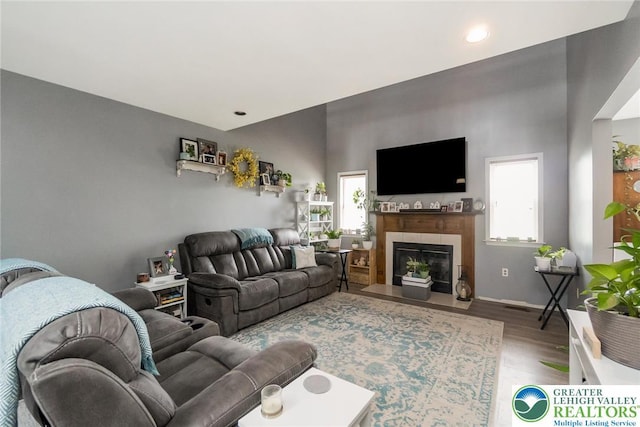 104 Stephanie Dr, Palmer Twp, PA 18045 - living room featuring wood finished floors, healthy amount of natural light, a fireplace, and recessed lighting
