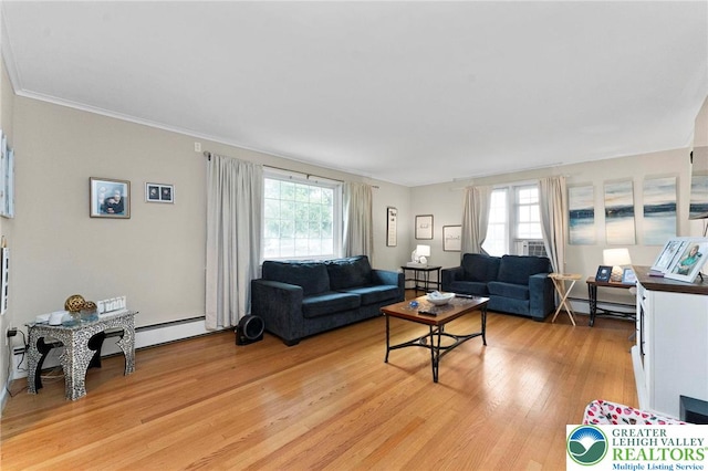 4116 Springmill Rd, Whitehall Twp, PA 18052 - living room featuring plenty of natural light, light wood-style flooring, baseboard heating, a baseboard radiator, and ornamental molding
