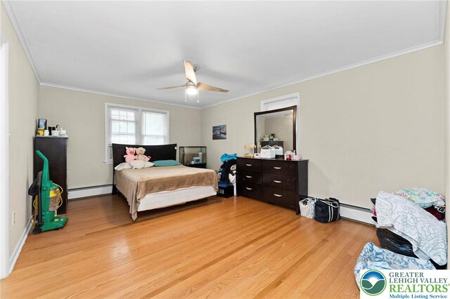 4116 Springmill Rd, Whitehall Twp, PA 18052 - bedroom featuring a baseboard radiator, light wood finished floors, ornamental molding, ceiling fan, and a baseboard heating unit