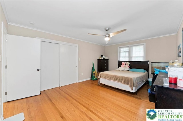 4116 Springmill Rd, Whitehall Twp, PA 18052 - bedroom with light wood-style flooring, a closet, ornamental molding, and ceiling fan