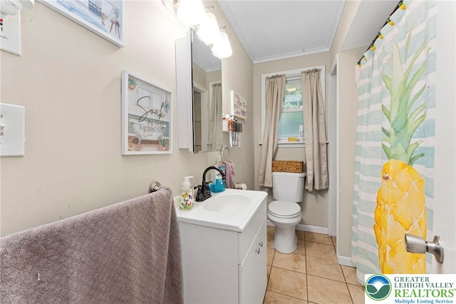 4116 Springmill Rd, Whitehall Twp, PA 18052 - bathroom with vanity, ornamental molding, tile patterned floors, and curtained shower