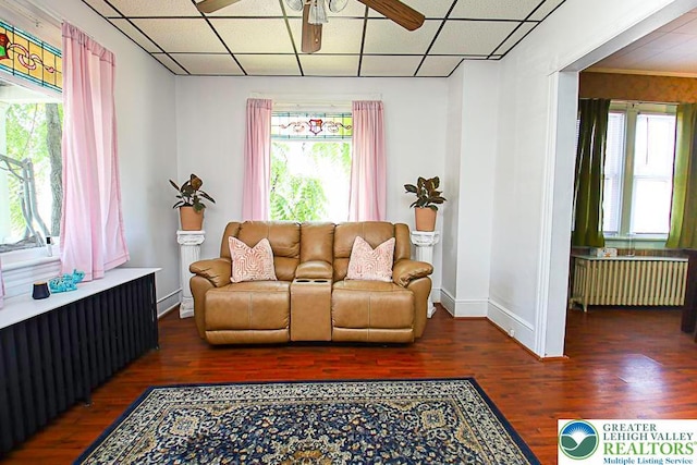 532 Broadway, Bangor Boro, PA 18013 - living room featuring radiator, ceiling fan, a drop ceiling, and wood finished floors