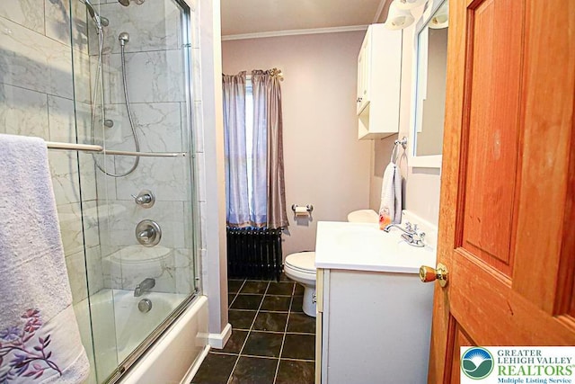 532 Broadway, Bangor Boro, PA 18013 - bathroom featuring radiator heating unit, tile patterned floors, vanity, crown molding, and enclosed tub / shower combo